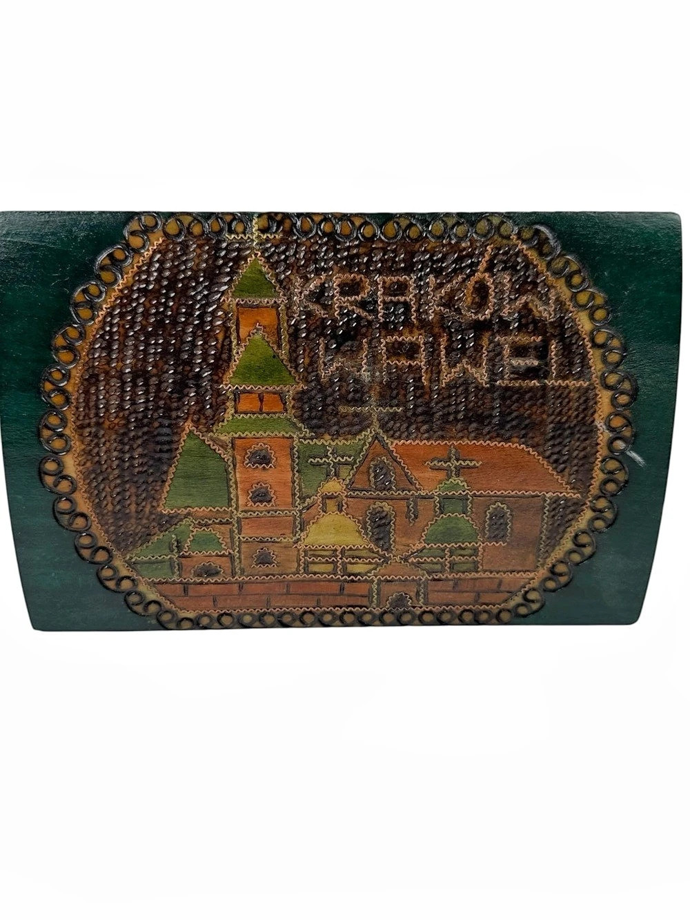 Vintage Krakow Poland Wooden Pyrography Hinged Trinket Box
